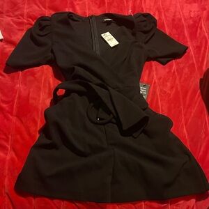 Express Black Short-Sleeve Jumpsuit with Belt Accent